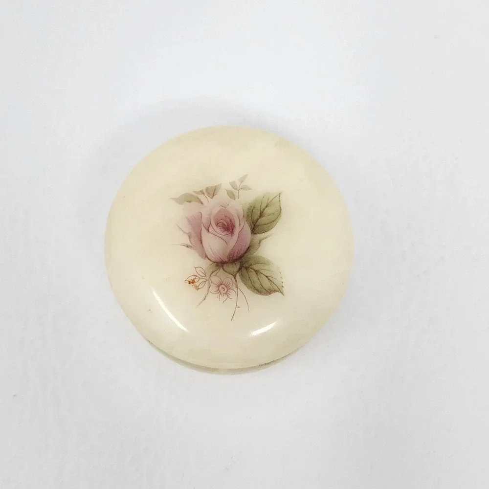 Vintage Alabaster Trinket Box Hand Painted Pink Rose Hinged Round Made in Italy